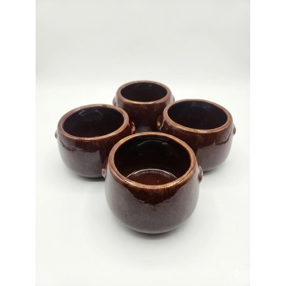 West‎ Bend Vtg. Brown Stoneware Bean Pots Set of 4 Individual Soup Chili Crocks